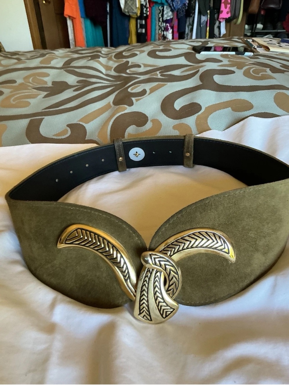 Olive Vintage Suede Wide Waist Belt with Decorative Gold-Tone Buckle
